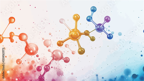 The image is a digital rendering depicting abstract molecular structures.  Multiple three-dimensional molecular models are presented against a background of multicolored watercolor-style