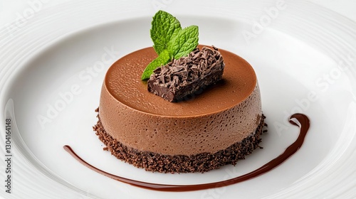 Decadent chocolate mousse dessert garnished with mint and chocolate shavings. photo
