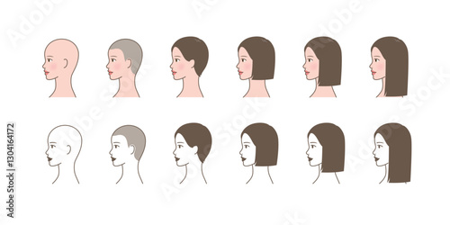 Changes in hair length_bald head, short, medium(middle), long hair_side