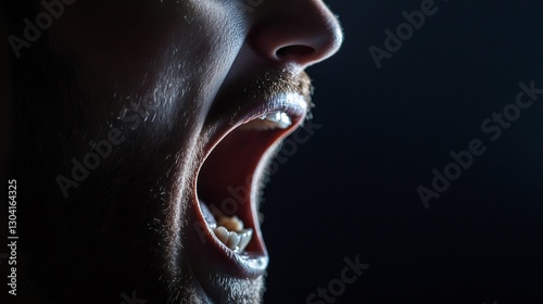 Man shouting with open mouth in the darkness