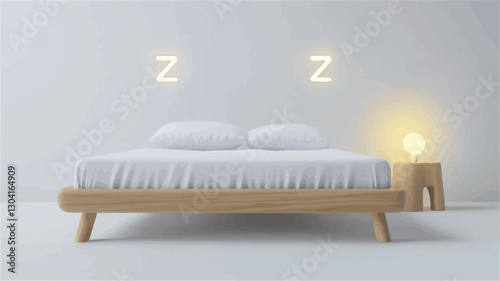 The image shows a minimalist bedroom interior.  The focal point is a light wood bed frame with crisp white bedding and two pillows. Two small neon "Z" signs are mounted on the wall above