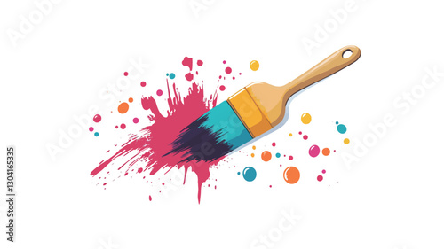 Close-up view of a paintbrush with a wooden handle and multicolored bristles resting on a white background.  The brush is positioned at a slight angle, with pink, blue and yellow paint