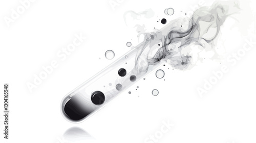 The image depicts a grayscale illustration of a test tube at an angle, against a white background.  Inside the tube is a dark, possibly liquid, substance.  Smoke or vapor emanates from the