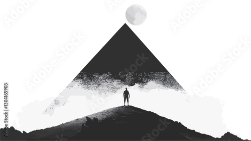 The image is a monochrome digital artwork depicting a minimalist scene. A dark, triangular pyramid is centrally positioned, partially obscured by a layer of fog or mist at its base.  A