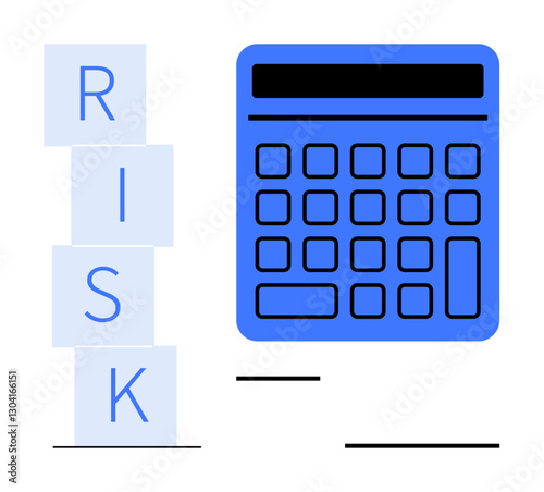 Calculator alongside stacked blocks spelling RISK, representing financial evaluation and risk management. Ideal for finance, decision-making, strategy, calculation, analysis, business, investment