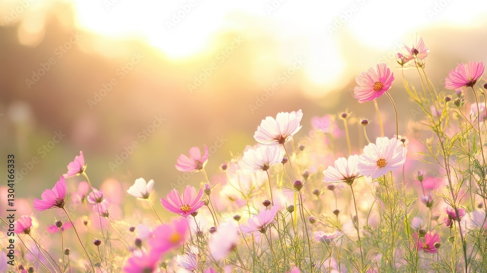 Sunset Cosmos Flowers Field Soft Pink White Blooms Sunset Cosmos Flowers Field Soft Pink White Blooms