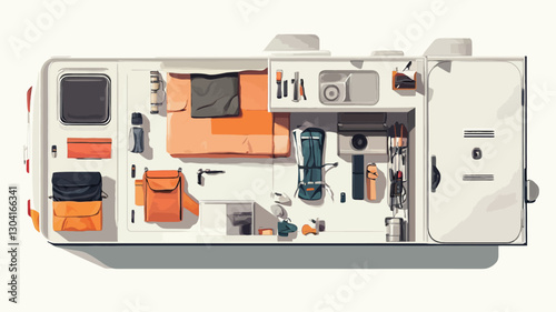 A digital illustration depicts a bird's-eye view of a camper van's interior. The illustration is stylized, with clean lines and flat coloring.  The color palette is predominantly white and