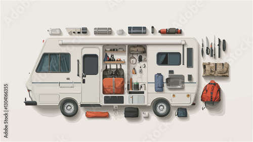 A digitally created image depicting an exploded view of a white camper van. The van is presented in a cutaway style, revealing its interior storage and components. Various camping and