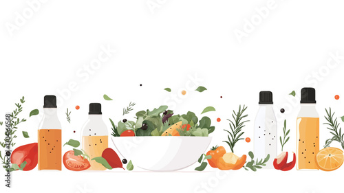 A digital illustration depicting a white bowl of mixed greens salad with various vegetables.  Surrounding the bowl are small bottles of different colored dressings, sprigs of herbs