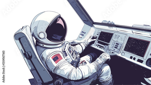 Vector illustration of an astronaut seated in the cockpit of a spacecraft. The astronaut is wearing a white spacesuit with a patch visible on the shoulder.  The cockpit features a detailed