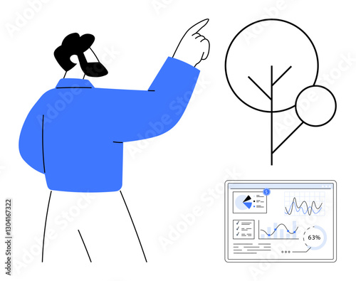 Person pointing at abstract tree design and digital analytics dashboard. Ideal for business, analytics, growth, decision-making, strategy, innovation, sustainability. Flat simple metaphor