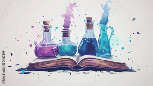 Digital illustration depicting four glass bottles containing vibrantly colored liquids, with swirling smoke or steam emanating from their openings. The bottles are arranged on an open,