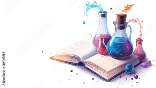 A digital illustration depicting an open book with blank pages resting on a white background.  Three glass vessels containing brightly colored liquids, resembling potions, are positioned on