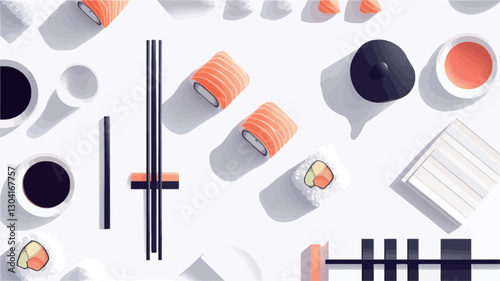 A digitally created flatlay image depicts various types of sushi, including maki rolls with salmon and other fillings, alongside traditional Japanese dining accessories such as chopsticks,