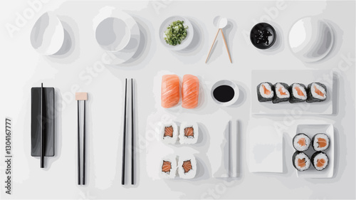 High-angle, close-up view of a flatlay showcasing various pieces of sushi (salmon nigiri and maki rolls) arranged on white rectangular plates.  The sushi is accompanied by small bowls of