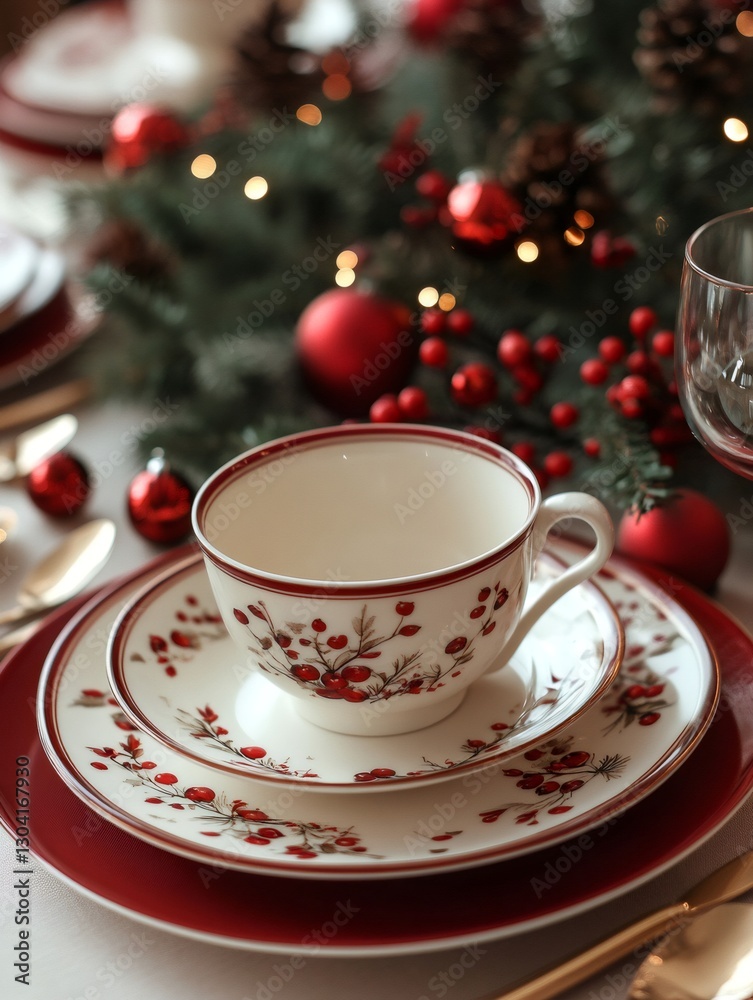 Christmas table setting with elegant china and festive decorations Christmas table setting with elegant china and festive decorations