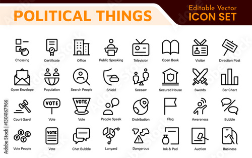 Politics Icon Set: A comprehensive collection of icons representing political themes, perfect for enhancing campaign materials, educational resources, and civic engagement initiatives.