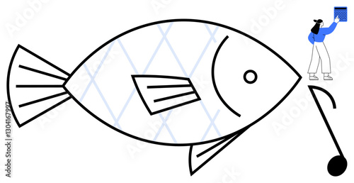 Large patterned fish outline with geometric lattice design, person holding book near fishing hook. Ideal for creativity, education, exploration, curiosity, fishing, imagination storytelling. Flat