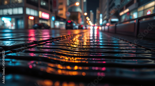 Wallpaper Mural A modern flat design extreme macro close-up of rippling urban drainage water reflecting neon city lights at night, using simple two-dimensional shapes to highlight the small subject details. Torontodigital.ca