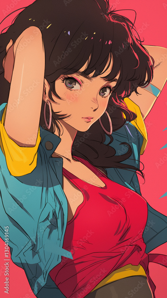 ビビッドな80年代アニメ風ポートレート、レトロな女性キャラクターが映えるシティポップアート。スマートフォン9:16のアスペクト比	