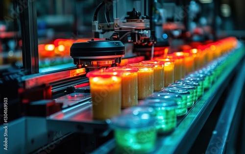 High-speed automated inspection of candles on a conveyor belt.  Illuminated jars glide smoothly, ensuring quality control in a modern factory setting.  Impressive technology! photo