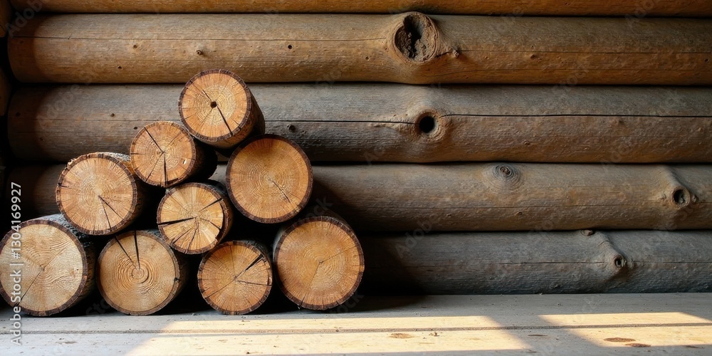 A rustic arrangement of neatly stacked round logs rests against a weathered log cabin wall, bathed in soft sunlight A rustic arrangement of neatly stacked round logs rests against a weathered log cabin wall, bathed in soft sunlight