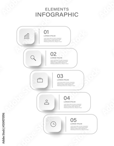 Minimalistic clean vertical 5 steps infographic design template