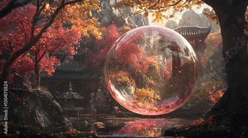 Autumnal Garden with Transparent Sphere Reflecting Red and Orange Leaves