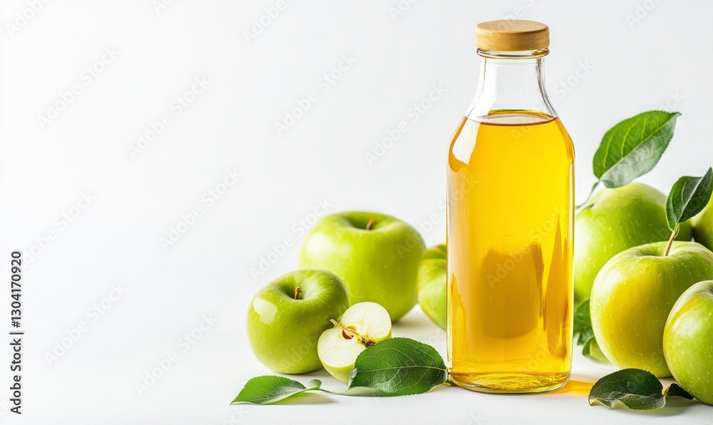 apple juice in a glass bottle, with green apples and leaves on the side, against a white background apple juice in a glass bottle, with green apples and leaves on the side, against a white background