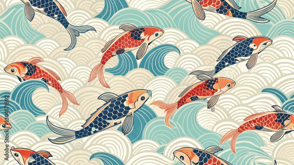 Cute Pet Illustrations in Digital Art Style Concept. Colorful koi fish swimming amidst waves in a traditional Japanese pattern. Seamless Pattern. Cute Pet Illustrations in Digital Art Style Concept. Colorful koi fish swimming amidst waves in a traditional Japanese pattern. Seamless Pattern.