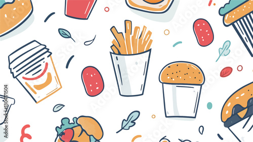 A digital illustration depicting a seamless pattern of various fast food items including burgers, french fries, chicken nuggets, coffee cups, and soda cups. The style is hand-drawn and