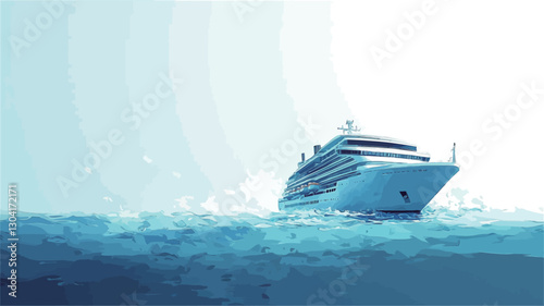 The image shows a large, white cruise ship sailing on a calm ocean. The ship is predominantly white with subtle details visible in its structure.  The ocean is depicted in shades of blue,