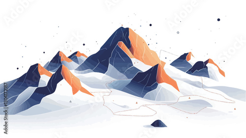 A digital illustration depicting a stylized mountain range. The style is low-poly or geometric, with sharply defined, faceted shapes.  The color palette is primarily blue and orange, with