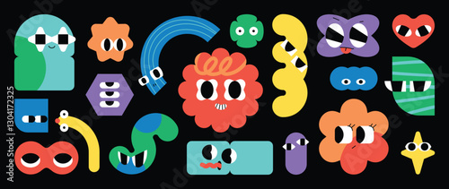 Set of colorful funny shape element vector. Collection of cartoon characters, cute doodle dawn, geometric, organic shape with fun eye. Design for decorative, sticker, toys and kids.