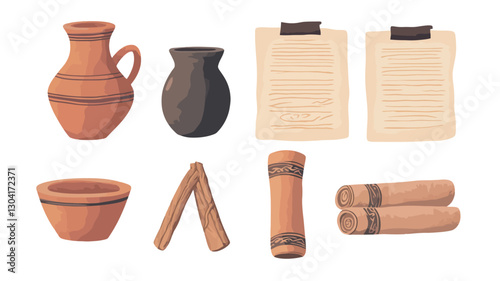 A digital illustration featuring a collection of hand-drawn ancient artifacts against a white background.  The illustration includes depictions of a clay jug, a smaller clay pot, a clay
