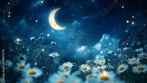 Magical moonlit meadow at night