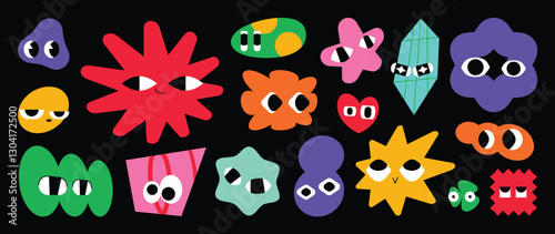 Set of colorful funny shape element vector. Collection of cartoon characters, cute doodle dawn, geometric, organic shape with fun eye. Design for decorative, sticker, toys and kids.