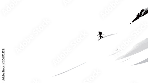 The image is a monochrome photograph depicting a skier descending a snowy slope. The skier is a small, dark silhouette against a bright white background of snow. The snow appears textured