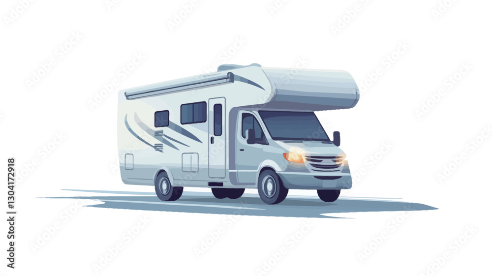 Naklejka premium A digital illustration of a white Class C RV motorhome, viewed from a slightly elevated angle. The RV is depicted on a plain white background with a subtle shadow effect below. The