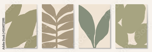 Set of abstract foliage poster vector. Leaves, flower, organic shapes, earth tone colors, leaf branch. Illustration design for Eco packaging, interior, cover, wall art, wallpaper.