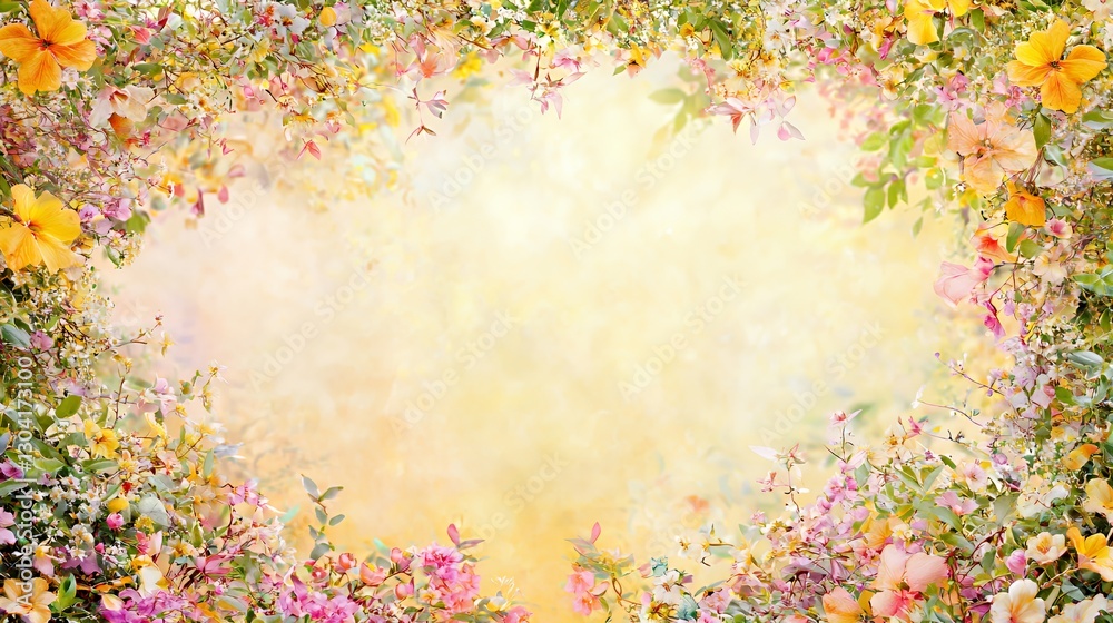 Floral Frame with Pastel Yellow Pink White Blossoms Floral Frame with Pastel Yellow Pink White Blossoms