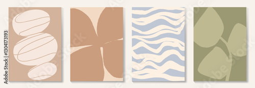 Set of abstract foliage poster vector. Leaves, flower, organic shapes, earth tone colors, leaf branch. Illustration design for Eco packaging, interior, cover, wall art, wallpaper.