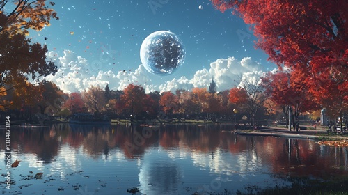 Autumnal Lake Landscape with a Large Moon and Colorful Trees