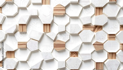 Fototapeta Naklejka Na Ścianę i Meble -  3D honeycomb structure with hexagon tile pattern white and wood texture in geometric abstract design