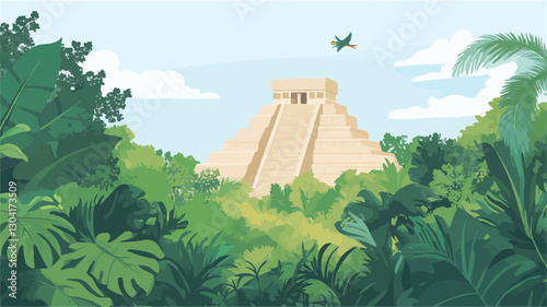 A digital illustration depicting a Mayan pyramid partially obscured by lush, vibrant green tropical foliage. The pyramid is light beige/tan in color, with visible steps leading to the top.