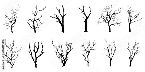 Black Branch Tree or Naked trees silhouettes set. Hand drawn isolated illustrations.