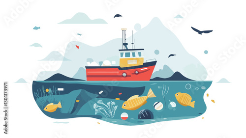A vector illustration depicting a red and yellow fishing boat on a calm sea. The illustration is divided horizontally, showing the boat above the waterline and the underwater environment
