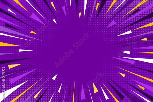 Pop art comic purple background. Modern creative purple background with halftone and speed lines and rays. Speed zoom backdrop in purple, white and yellow tones
