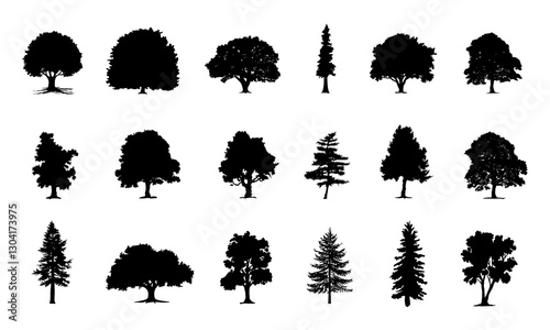 collection isolated tree Symbol silhouette style on white background. Hand drawn isolated illustrations.