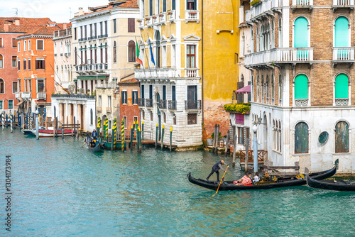 Venice, Italy. Postcard view of canal, old houses and gondola